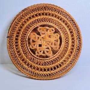 Vintage Round Woven Rattan Basket with Lid and Intricate Knot Pattern